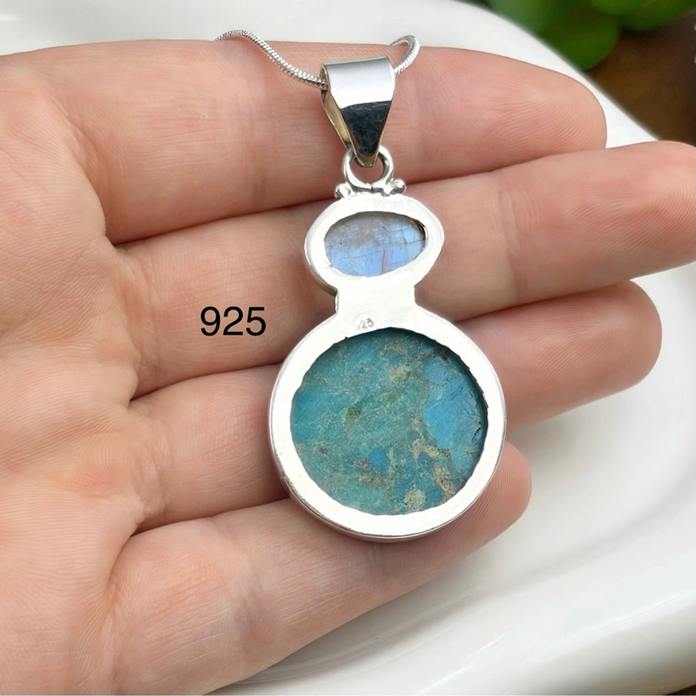 Rainbow Moonstone Turquoise Pendant Sterling Silver 925 Southwest Style - Picture 9 of 9